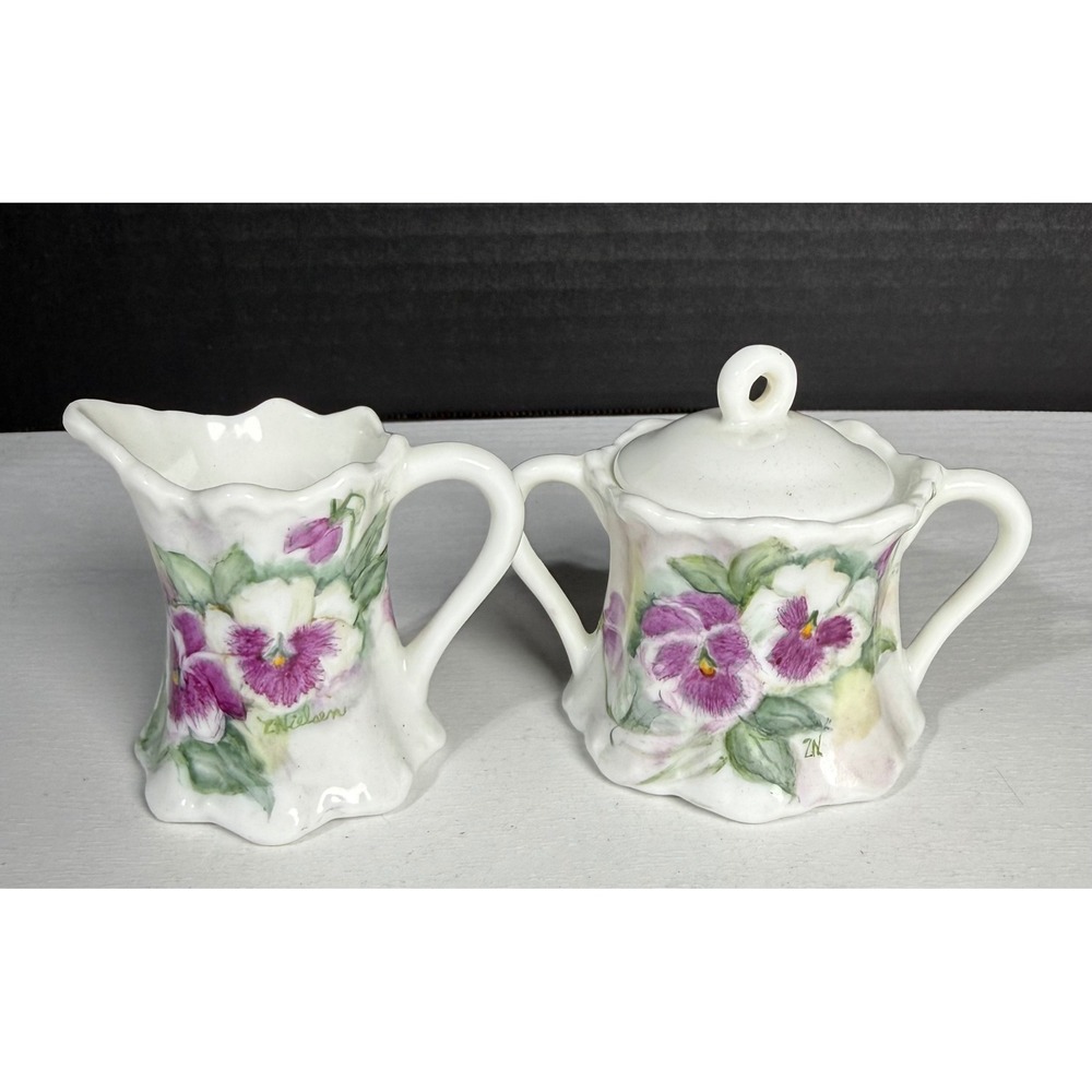 Vintage Hand Painted Floral Creamer Sugar Bowl Set Floral Porcelain Signed